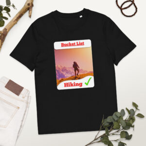 Black T-shirt featuring a poster-style hiking image with the words Bucket List on a white rounded label at the top of the graphic.