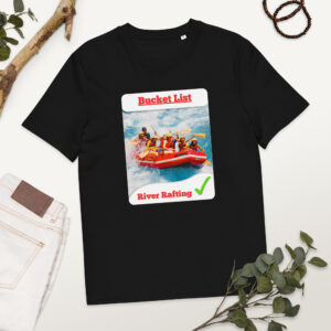 Black t‑shirt with a large rafting-themed 'Bucket List' print laid on a light background.