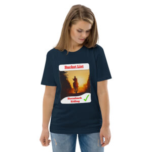 Woman in a navy T-shirt looking down, with a 'Bucket List' graphic featuring a sunset horseback-riding image and a green check mark on the card.