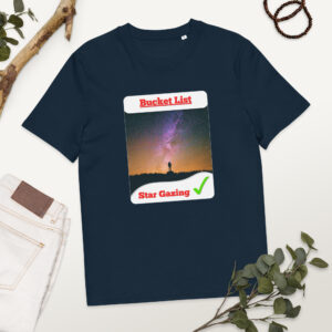 Navy T-shirt laid flat with a large graphic card showing 'Bucket List' and a starry galaxy scene underneath.
