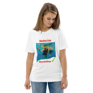 Person wearing a white T-shirt with a colorful snorkeling graphic and the words Bucket List on the chest.